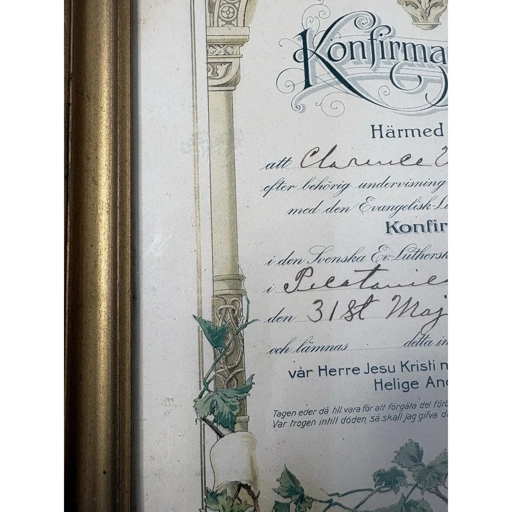 Antique 1914 Swedish Lutheran Confirmation‎ Certificate Framed Konfirmations